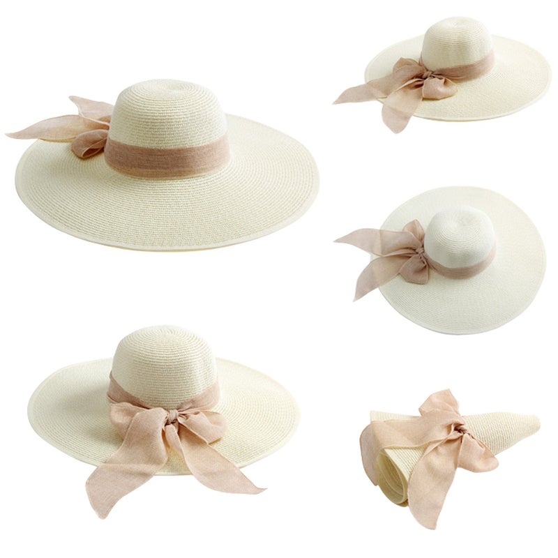 Lanzom Womens 5.7 Inches Big Bowknot Straw Hat Large Floppy Foldable Roll up Beach Cap Sun Hat UPF 50+ Fit Size 6 8/7-7 1/4(Ivory White) - Image 2